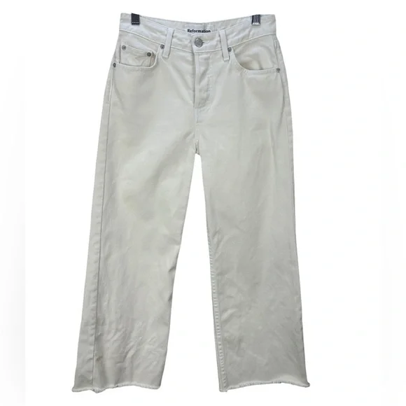 Reformation Fawcett Crop Wide Leg Jeans Size 24 Ivory Raw Hem - Picture 2 of 11